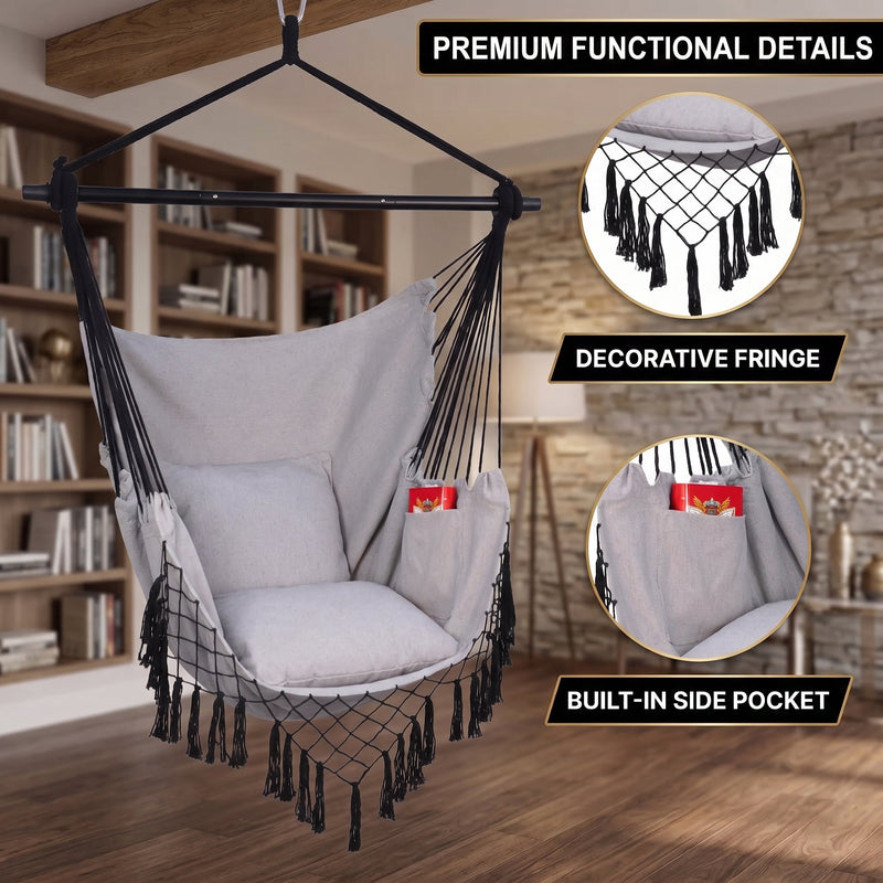 Boho Macramé Fringe Double Hammock Swing – Ultimate Comfort & Style - 7