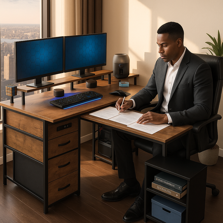 HOMCOM TechStation Pro 66" Reversible L-Shaped Computer Desk with Smart Power Hub & RGB LED Lighting – Rustic Brown
