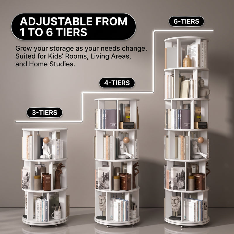 Rotating Bookshelf Tower – 360° Spinning Bookcase | 5 & 6-Tier, Solid Wood & MDF - 7