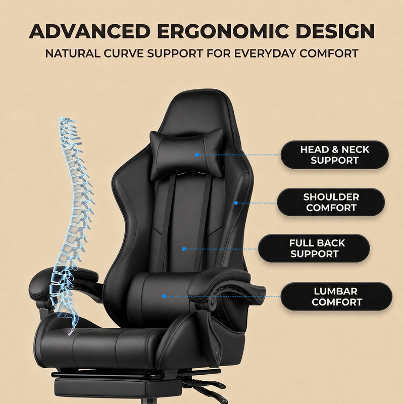 GAMING CHAIR WITH FOOTREST – LUMBAR SUPPORT & 360° SWIVEL - 7