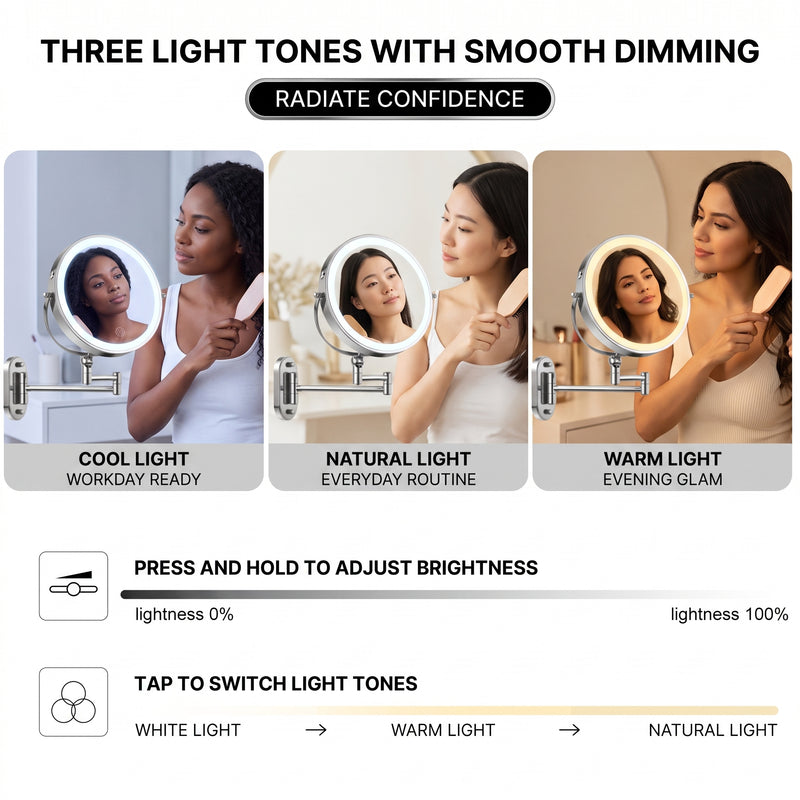 Rechargeable Wall Mounted Makeup Mirror with LED Light – Adjustable Brightness, Magnifying - 7
