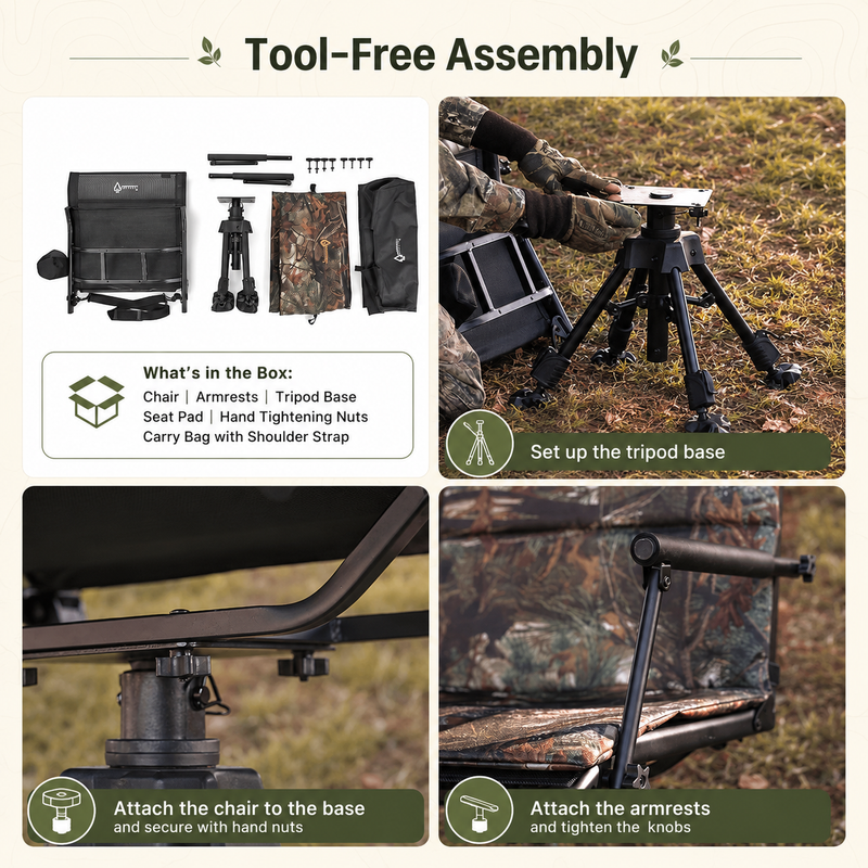 360° Swivel Hunting Chair with Adjustable Legs & Rifle Rest – Portable Tripod Seat - 7