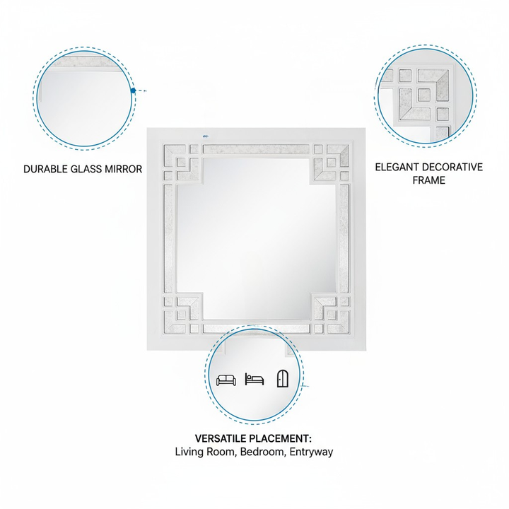 39" White Square Accent Wood Mirror
