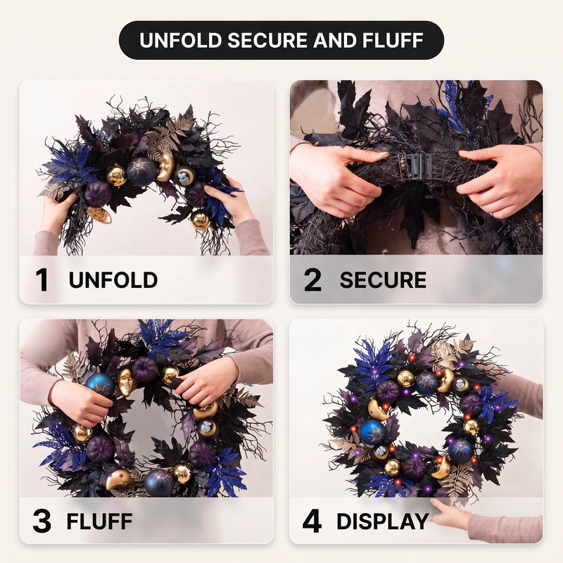HALLOWEEN WREATH WITH LIGHTS FOR FRONT DOOR – PRE-LIT PUMPKIN, WITCH & GOTHIC PORCH DÉCOR - 7
