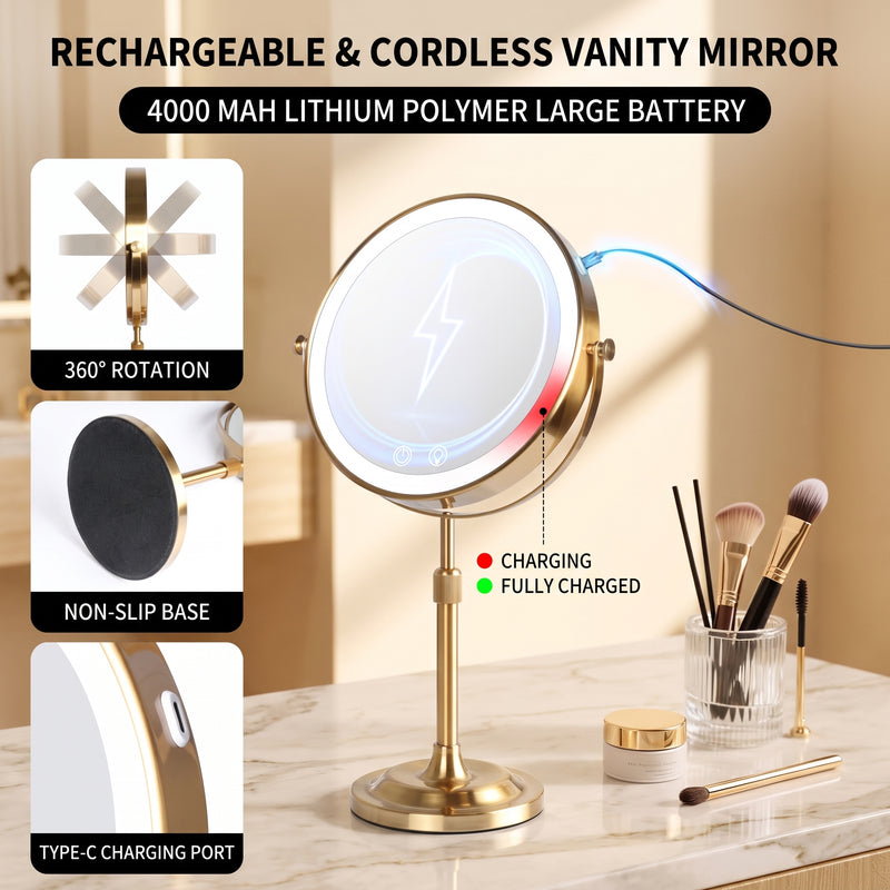 Double-Sided Magnifying Makeup Mirror – LED, Rechargeable, Height-Adjustable - 7