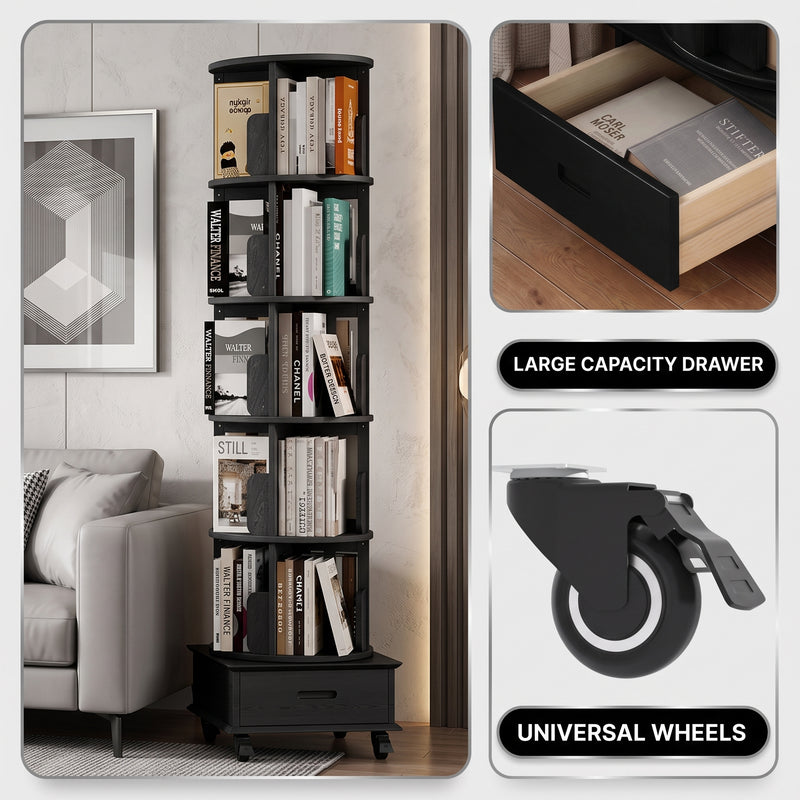 Rotating Bookshelf Tower – 360° Spinning Bookcase | 5 & 6-Tier, Solid Wood & MDF - 7