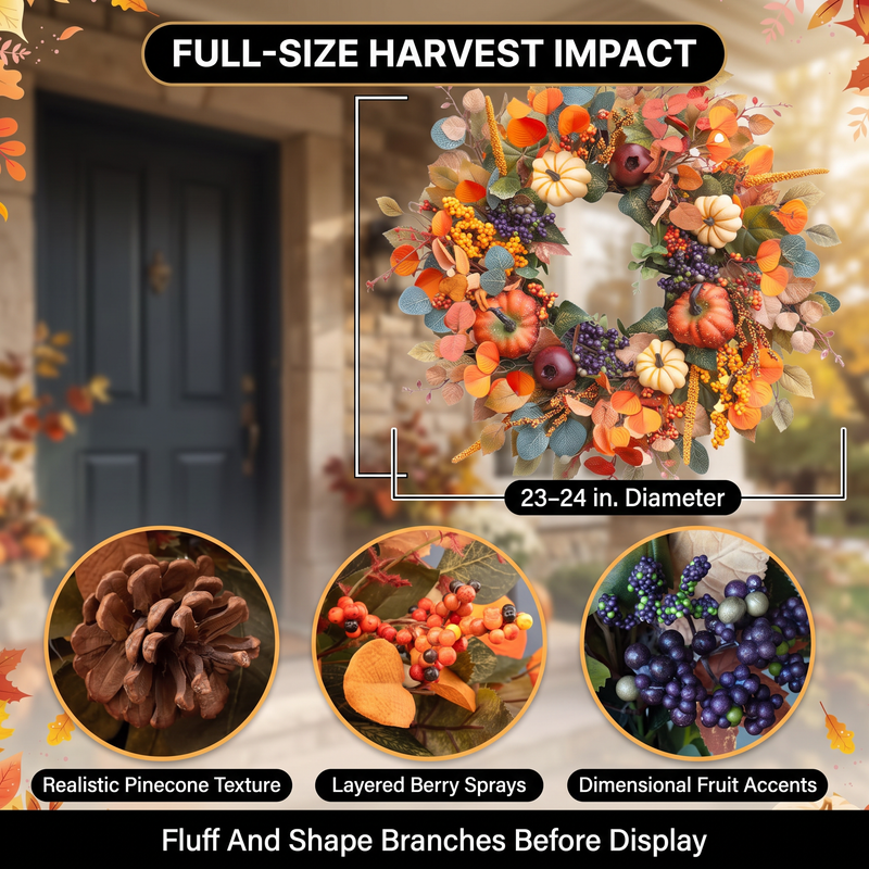 PUMPKIN WREATH FOR FRONT DOOR – FALL FARMHOUSE DÉCOR - 7