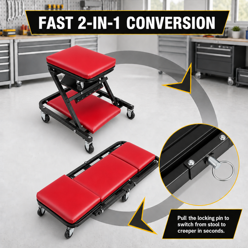 2-in-1 Convertible Z-Creeper Seat - Rolling Mechanic Creeper with Wheels, Under Dash Creeper & Garage Chair for Auto Repair, Low Profile Roller Seat - 7