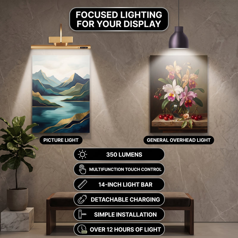 Picture Lights for Wall, Rechargeable Battery Operated LED Gallery Light Bar with Remote & Timer, Dimmable Wireless Wall Sconce for Paintings & Frames - 7