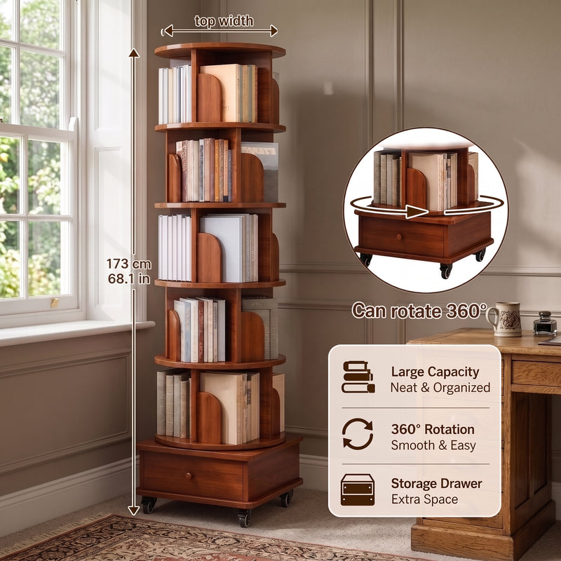 Rotating Bookshelf Tower – 360° Spinning Bookcase | 5 & 6-Tier, Solid Wood & MDF - 7