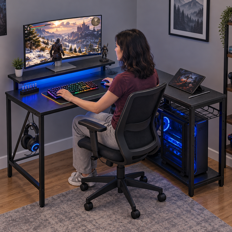 L-Shaped Gaming Desk with LED Lights & Power Outlets - 7  h