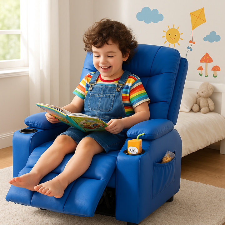 Premium PU Leather Kids Recliner Chair with Dual Cup Holders & Storage Pockets - Ergonomic Youth Furniture with 130° Recline