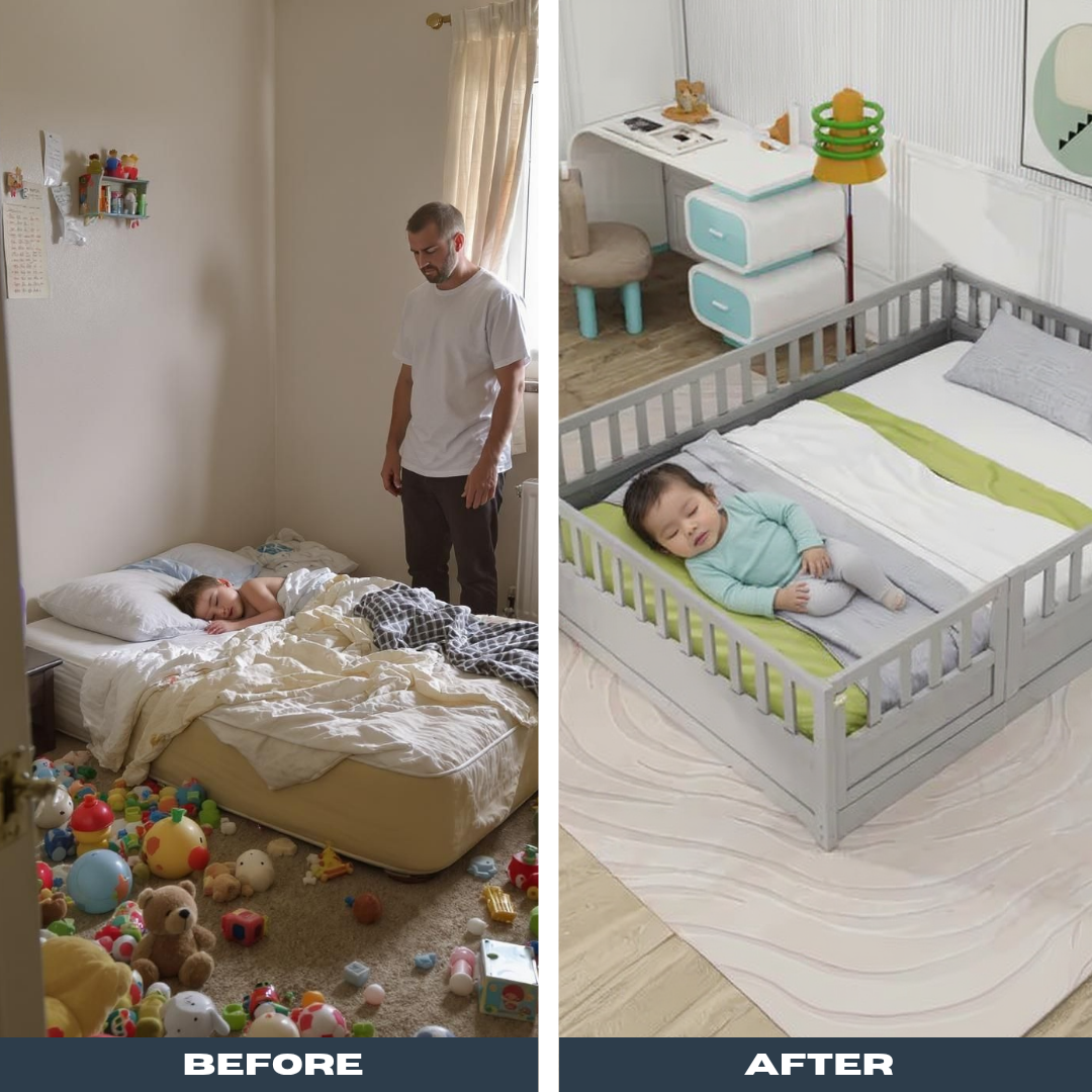 GuardianFloor Montessori Bed – High Security Grey Full-Size Frame with Barrier Door | Kids Floor Bed | Trufairs