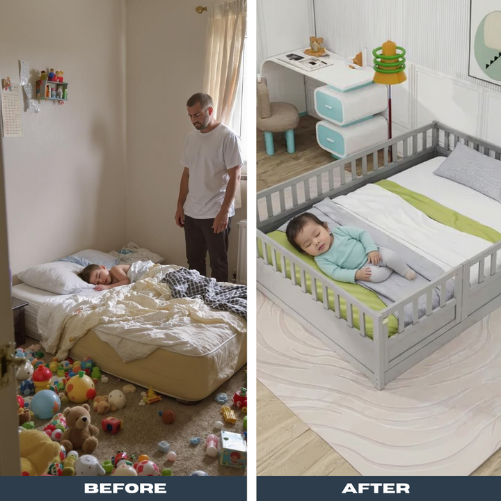 GuardianFloor Montessori Bed – High Security Grey Full-Size Frame with Barrier Door | Kids Floor Bed | Trufairs