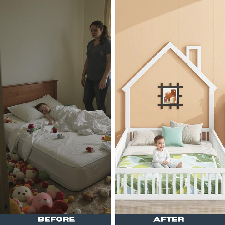 DreamHouse Full Bed – White Wood House Platform with Guardrail | Kids Safe Sleep | Trufairs