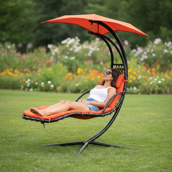 Outdoor Hanging Chaise Swing Orange - Lounger Chair with UV Canopy, Cushion & Stand for Garden Porch Comfort