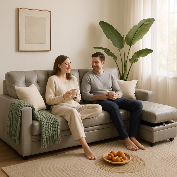 Premium Light Gray Faux Leather Sectional Sofa Bed - Modern L-Shaped Couch with Reversible Storage Chaise