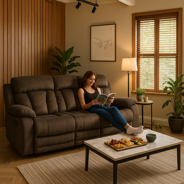 Premium Brown Microsuede Manual Recliner Sofa with Steel Base - Contemporary 3-Seat Glider Reclining Sofa for Modern Living Room