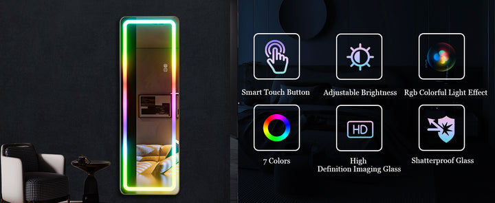 RGB Full Length Mirror, 60"x16" Full Body Mirror with LED Lights, Dimming & 7 Color Changing Lighting, Wall Mounted Hanging Mirr