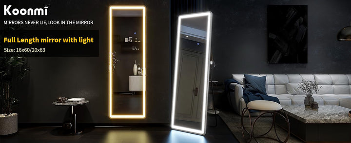 60"x16" Full Length Mirror with Lights,LED Mirror Full Length,Lighted Floor Mirror with Stand,Full Body Mirror with Dimming & 3