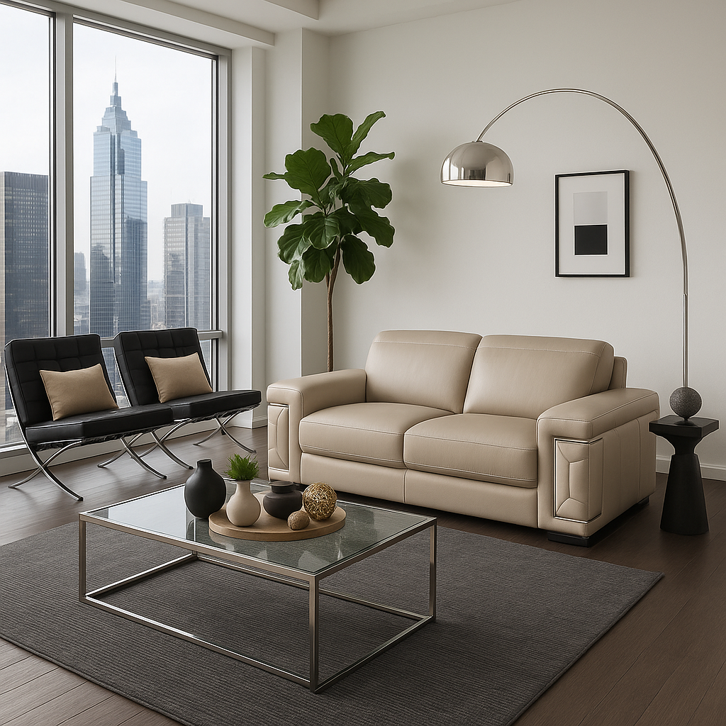 Luxury Beige Italian Leather Living Room Set - 3-Piece Coil Spring Sofa with Wood Frame