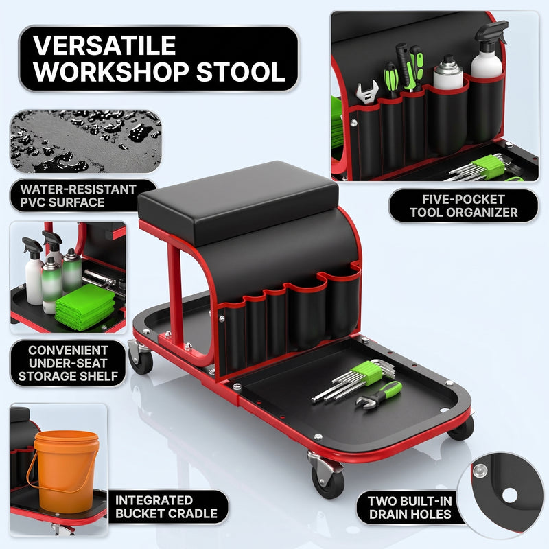 Rolling Mechanic Stool with Tool Tray - Creeper Seat with Wheels for Garage & Shop, Rolling Work Stool with Wheels for Mechanics, Auto Repair Workshop - 8