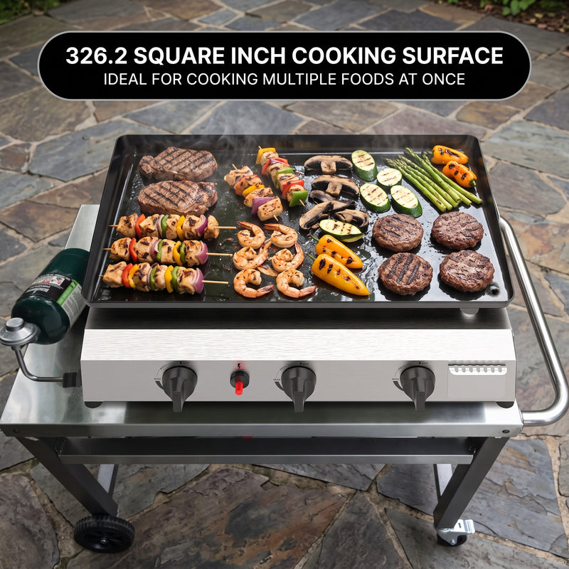 2 & 3 BURNER PORTABLE PROPANE FLAT TOP GRIDDLE – 20,000–45,000 BTU OUTDOOR GRIDDLE WITH SIDE SHELVES & CART - 8
