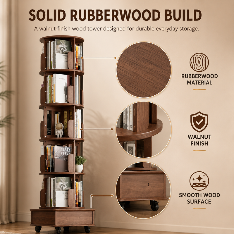 Rotating Bookshelf Tower – 360° Spinning Bookcase | 5 & 6-Tier, Solid Wood & MDF - 8