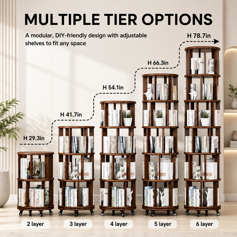 Rotating Bookshelf Tower – 360° Spinning Bookcase | 5 & 6-Tier, Solid Wood & MDF - 8