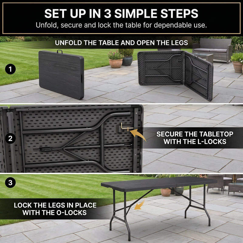 6 FT FOLDING CAMPING TABLE – PORTABLE INDOOR OUTDOOR TABLE WITH WATERPROOF HDPE TOP & CARRY HANDLE - 8