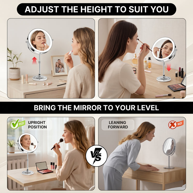 Double-Sided Magnifying Makeup Mirror – LED, Rechargeable, Height-Adjustable - 8