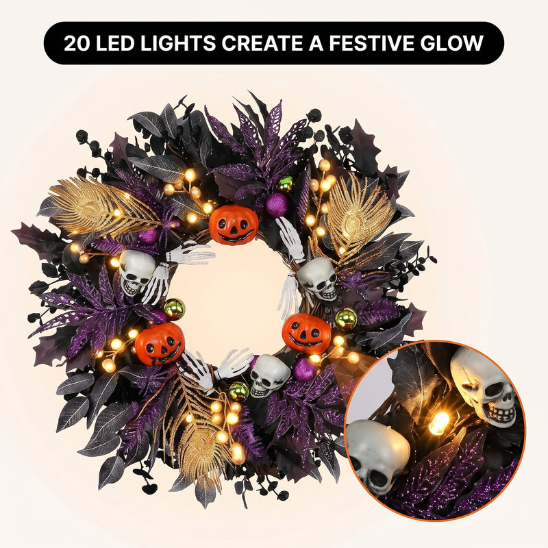 HALLOWEEN WREATH WITH LIGHTS FOR FRONT DOOR – PRE-LIT PUMPKIN, WITCH & GOTHIC PORCH DÉCOR - 8
