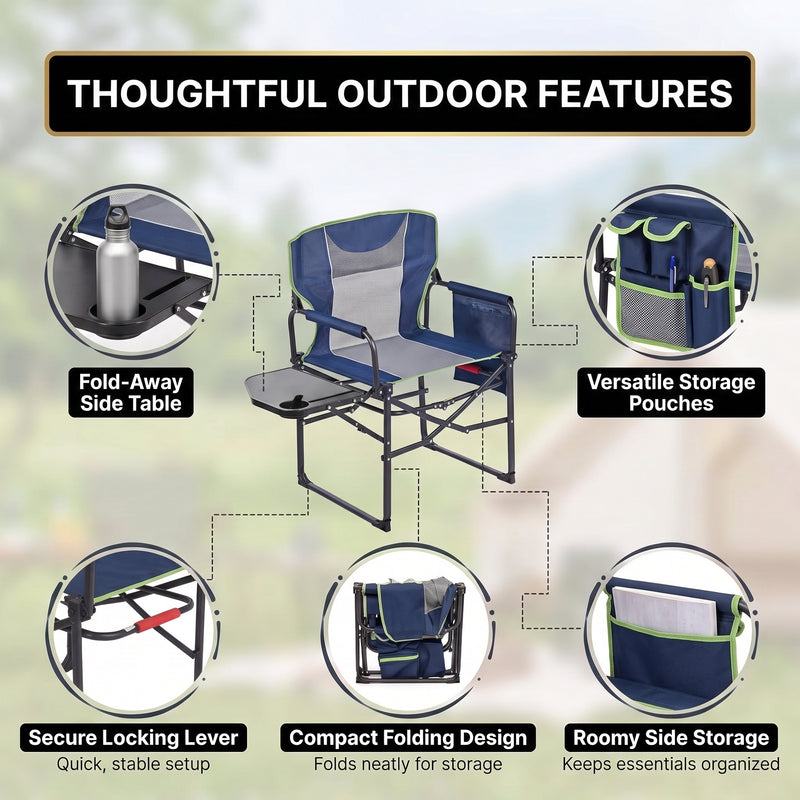 Camping Directors Chair, Heavy Duty,Oversized Portable Folding Chair with Side Table, Pocket for Beach, Fishing,Trip,Picnic,Lawn Blue - 8