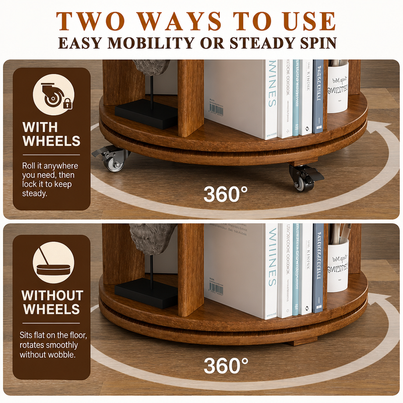 Rotating Bookshelf Tower – 360° Spinning Bookcase | 5 & 6-Tier, Solid Wood & MDF - 8