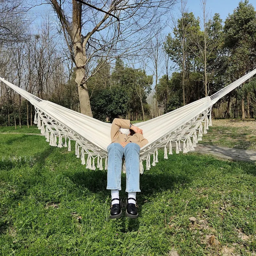 2-Person Boho Macramé Fringe Double Deluxe Hammock Swing | Trufairs