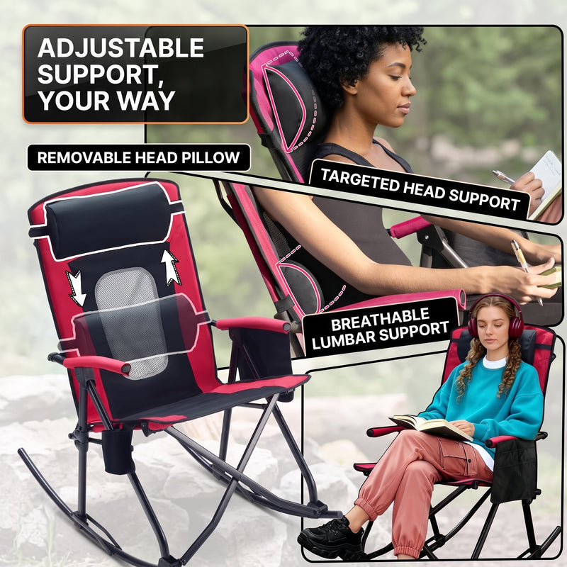 High Back Folding Rocking Camping Chair – Oversized Portable Outdoor Rocker with Cup Holder, Carry Bag & Heavy-Duty Steel Frame - 8