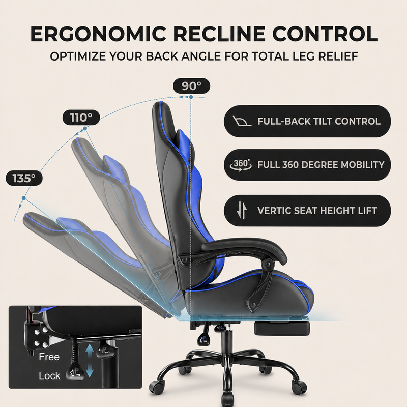 GAMING CHAIR WITH FOOTREST – LUMBAR SUPPORT & 360° SWIVEL - 8