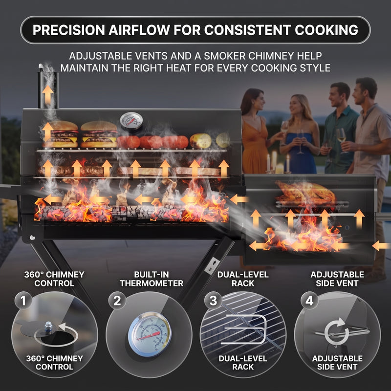 Portable Charcoal Grill with Smoking Function, Foldable Suitcase Design with Wheels, Multi-Tier Storage Rack & Waterproof Cover for Outdoor BBQ Parties - 8