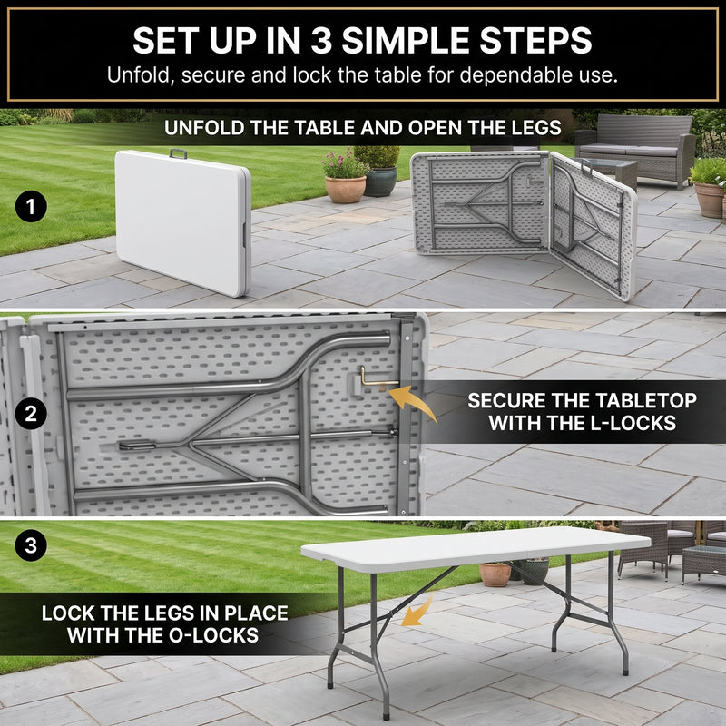 6 FT FOLDING CAMPING TABLE – PORTABLE INDOOR OUTDOOR TABLE WITH WATERPROOF HDPE TOP & CARRY HANDLE - 8