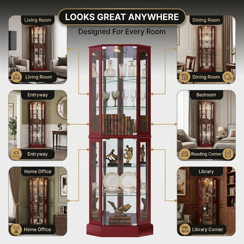 Lighted Corner Curio Cabinet – Wooden Display Cabinet with Glass Doors & Adjustable Shelves - 8