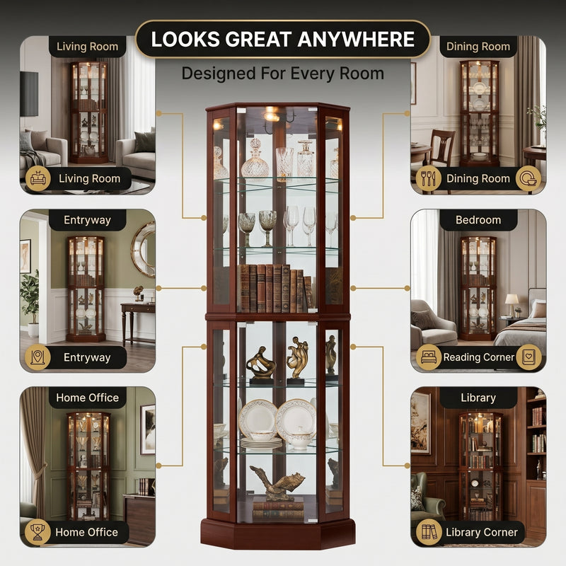 Lighted Corner Curio Cabinet – Wooden Display Cabinet with Glass Doors & Adjustable Shelves - 8