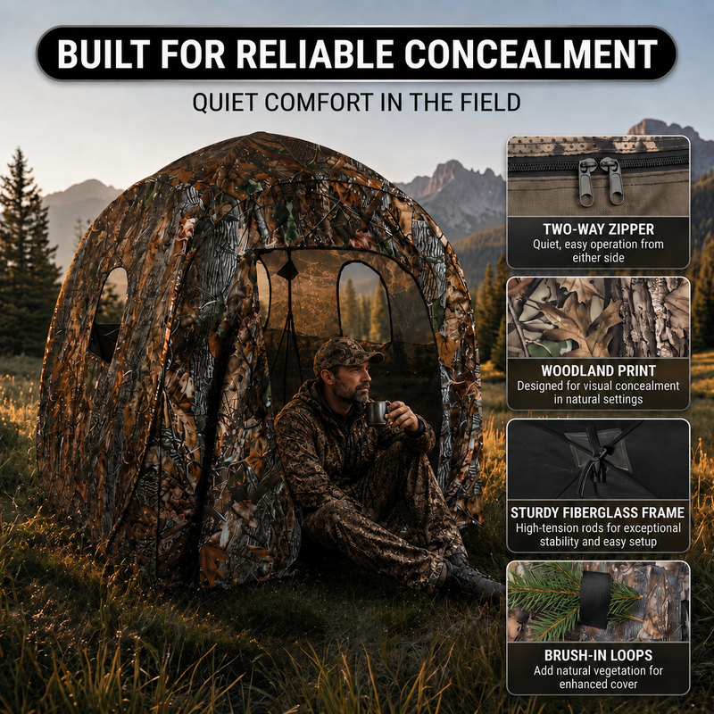 Hunting Blind with Floor Mat, 360 Degree See Through Ground Blind with Carrying Bag, 2/3/4 Person Pop Up Camouflage Tent Portable Concealed Shelter - 8