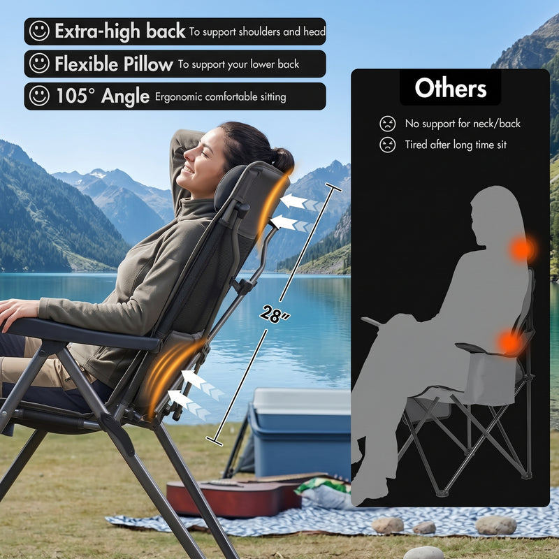 Reclining Camping Chair – 3-Position High-Back Folding Chair with Lumbar Support - 8