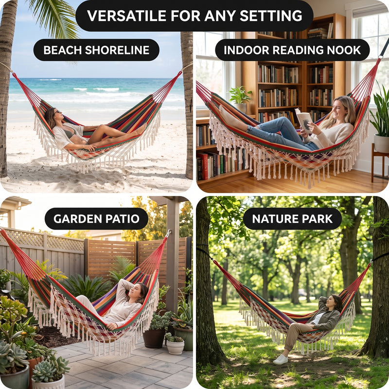 Boho Macrame Double Hammock Swing with Tassels – 2-Person Hanging Hammock Bed for Indoor & Outdoor Relaxation - 8