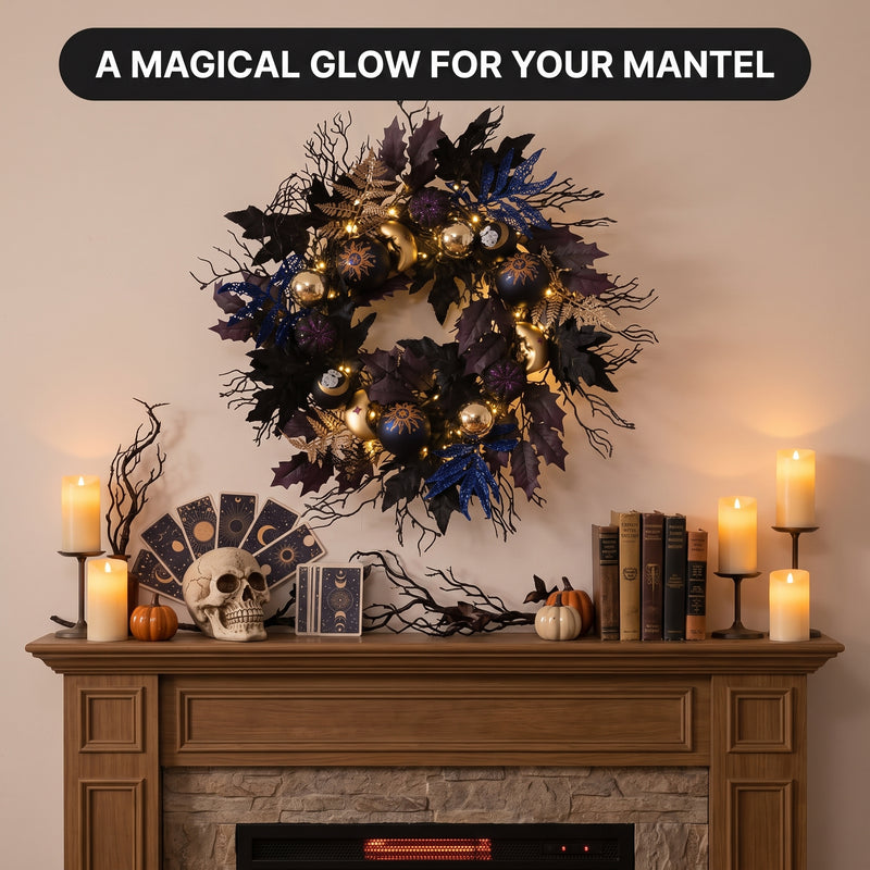 HALLOWEEN WREATH WITH LIGHTS FOR FRONT DOOR – PRE-LIT PUMPKIN, WITCH & GOTHIC PORCH DÉCOR - 8