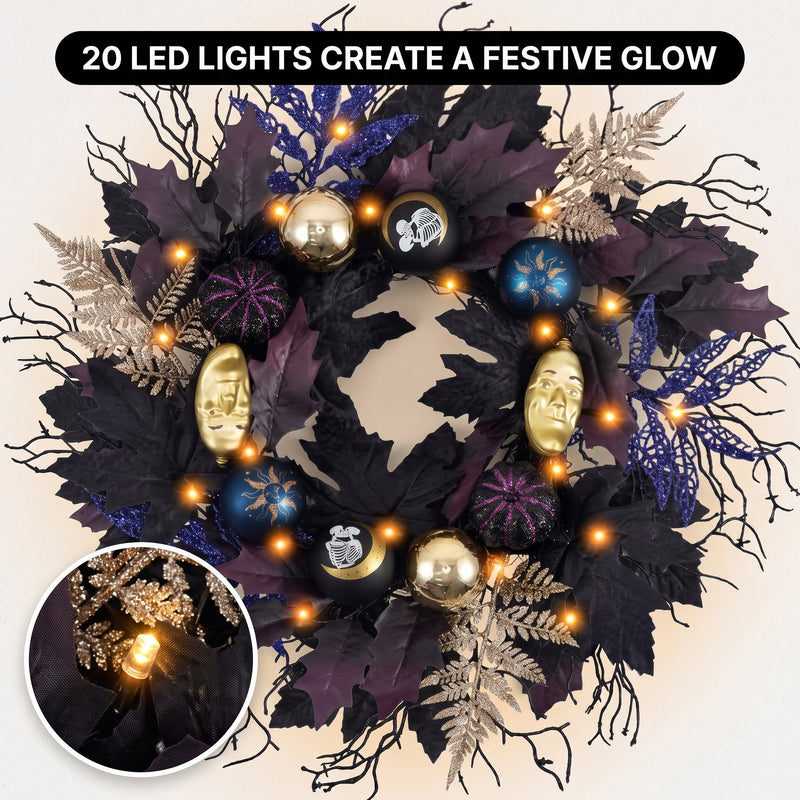HALLOWEEN WREATH WITH LIGHTS FOR FRONT DOOR – PRE-LIT PUMPKIN, WITCH & GOTHIC PORCH DÉCOR - 8