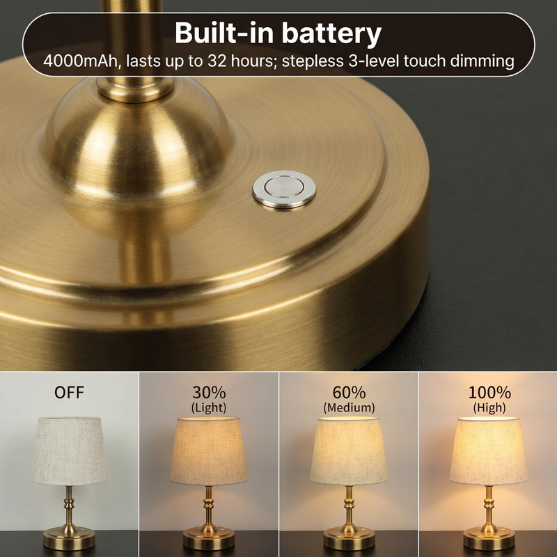 Cordless Rechargeable Table Lamp with Fabric Shade – Dimmable LED Desk Lamp - 8