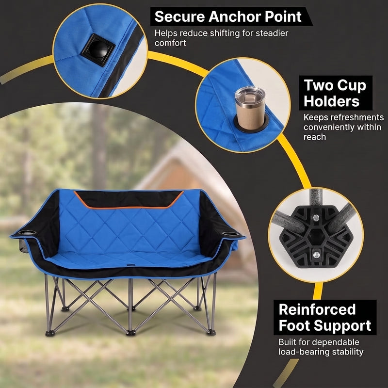 Oversized Padded 2-Person Folding Camping Loveseat Chair – Heavy Duty Outdoor Seating - 8