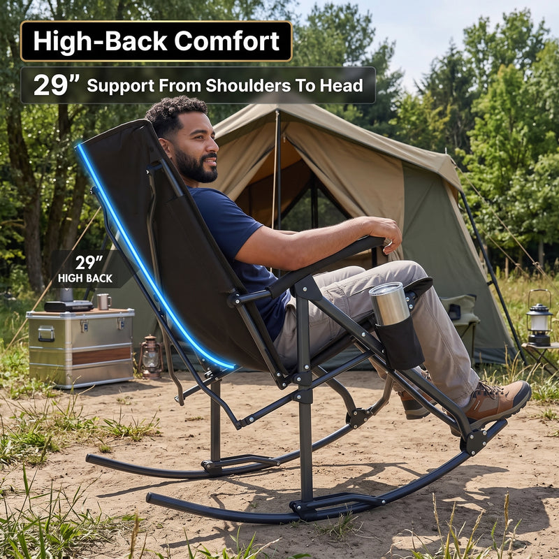 High Back Folding Rocking Camping Chair – Oversized Portable Outdoor Rocker with Cup Holder, Carry Bag & Heavy-Duty Steel Frame - 8