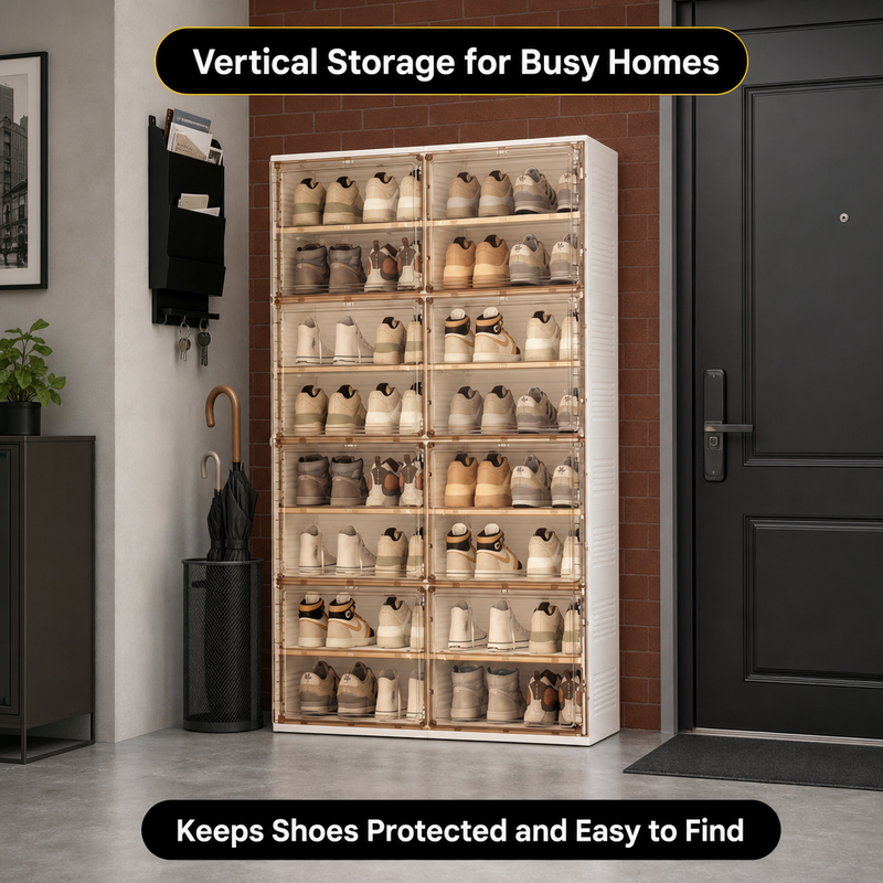 Foldable Shoe Cabinet with Doors – Slim Entryway Shoe Storage Organizer - 8